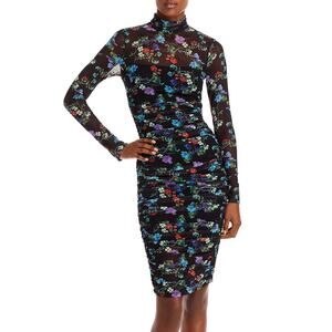 Alice + Olivia Ruched Beautiful Blooms Black Delora Turtleneck Mini Dress Size 6